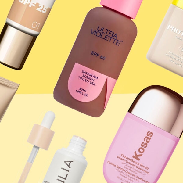 lots of tinted suncream spfs in a diagonal row