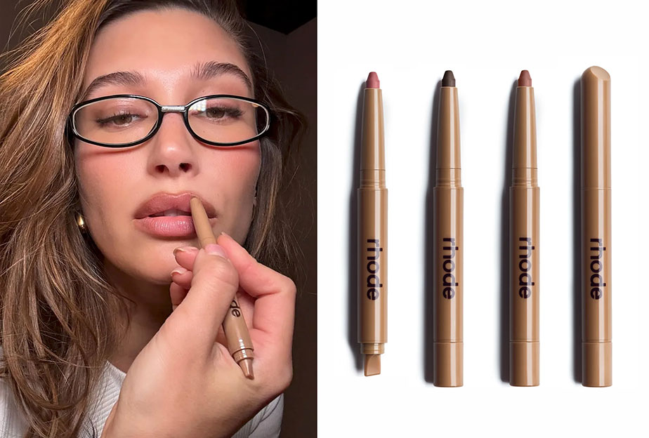 Hailey Bieber lines her lips with one of her new Rhode Peptide Lip Shape pencils