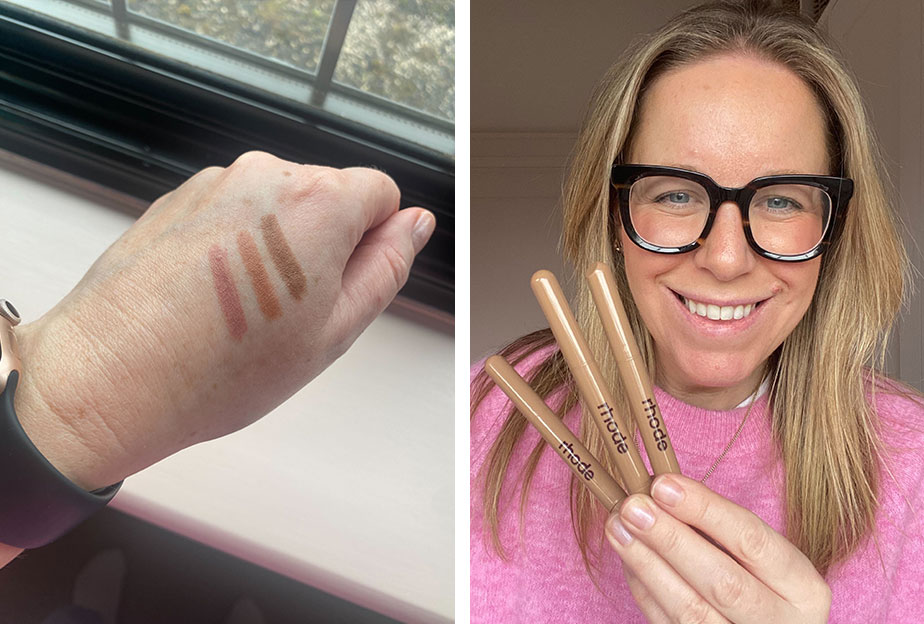 SJ swatches the Rhode Peptide Lip Shape pencils on her hand