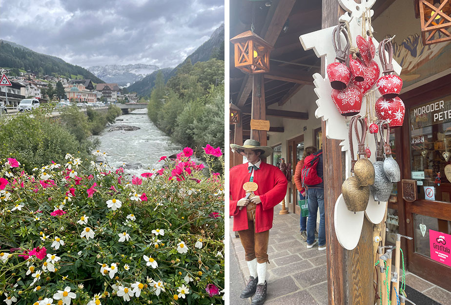 vista of a river and pretty flowers (left) and cow bells for sale (right)