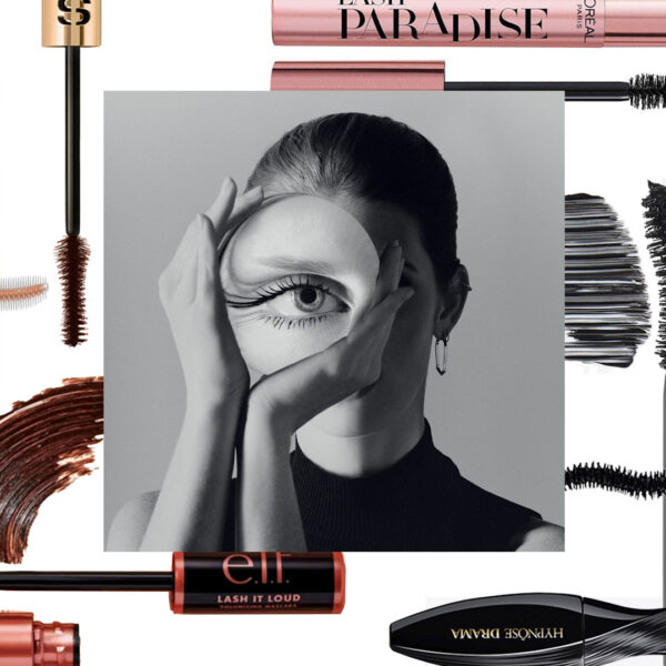 Images of brown and black mascara wands and woman wth magnified eye in the middle