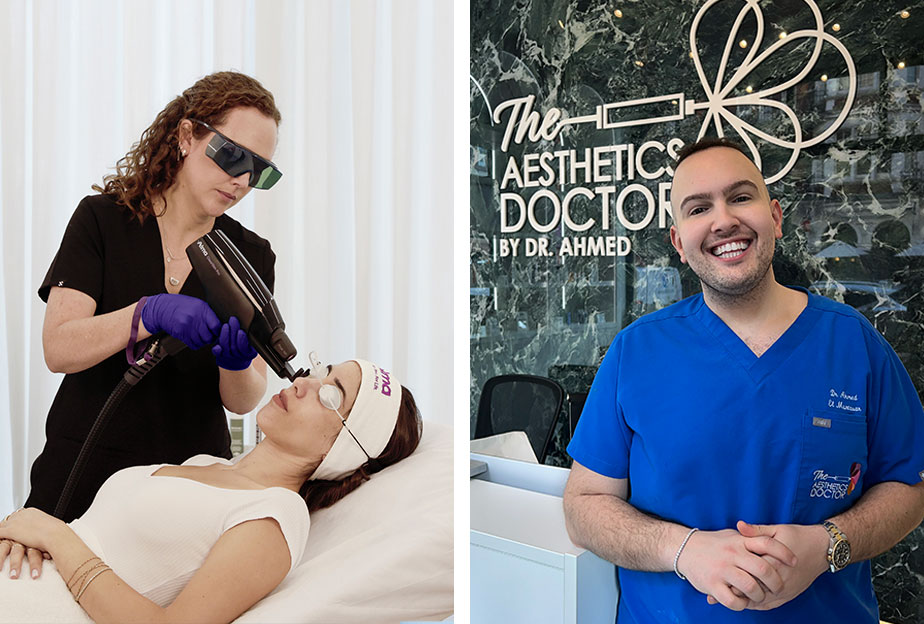 Harmony bio-boost collagen facial (left) and Dr Ahmed in his clinic (right)