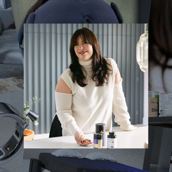 Dr Sophie Shotter surrounded by ways to help her wake up well - oura ring, bed, supplements