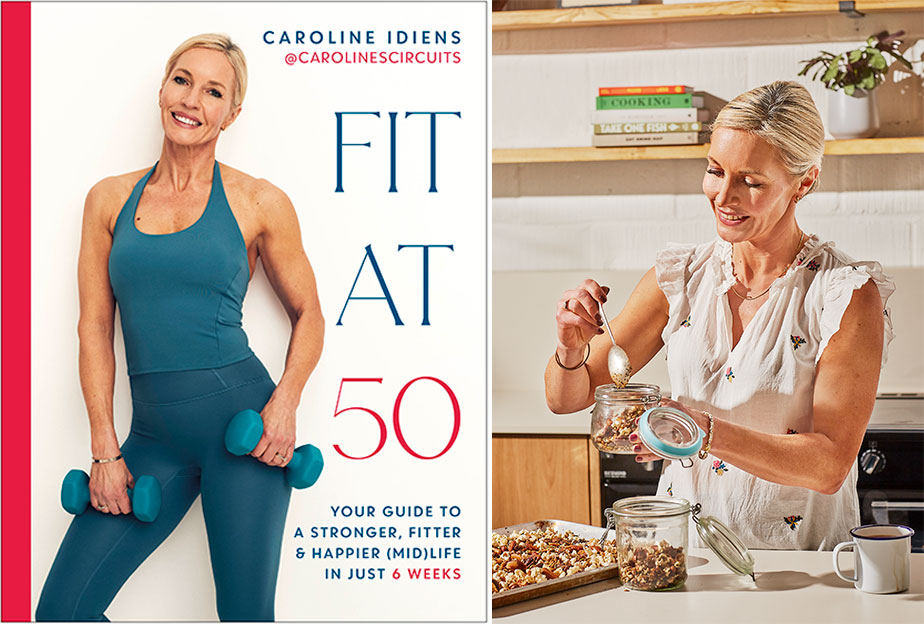 Caroline's Circuits Fit at 50 book (left) and making Protein Trail mix (right)