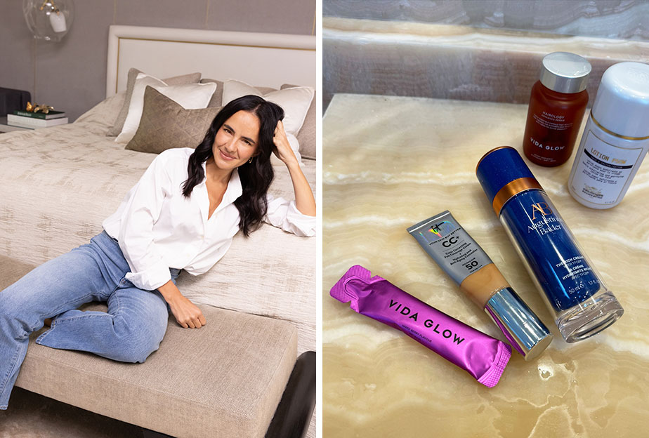 Anna Lahey sitting on bed (left) and right, her morning beauty products