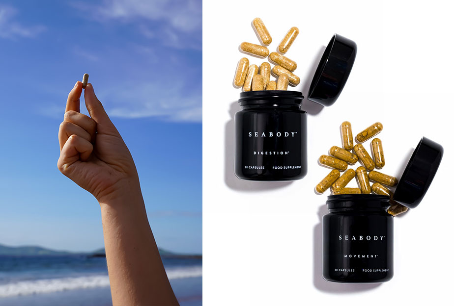 Hand holding a supplement against a sea background, and the Seabody Digestion and Movement Supplements