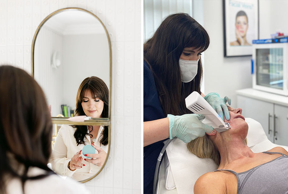 Dr Sophie Shotter at home in front of the mirror and at work in her clinic
