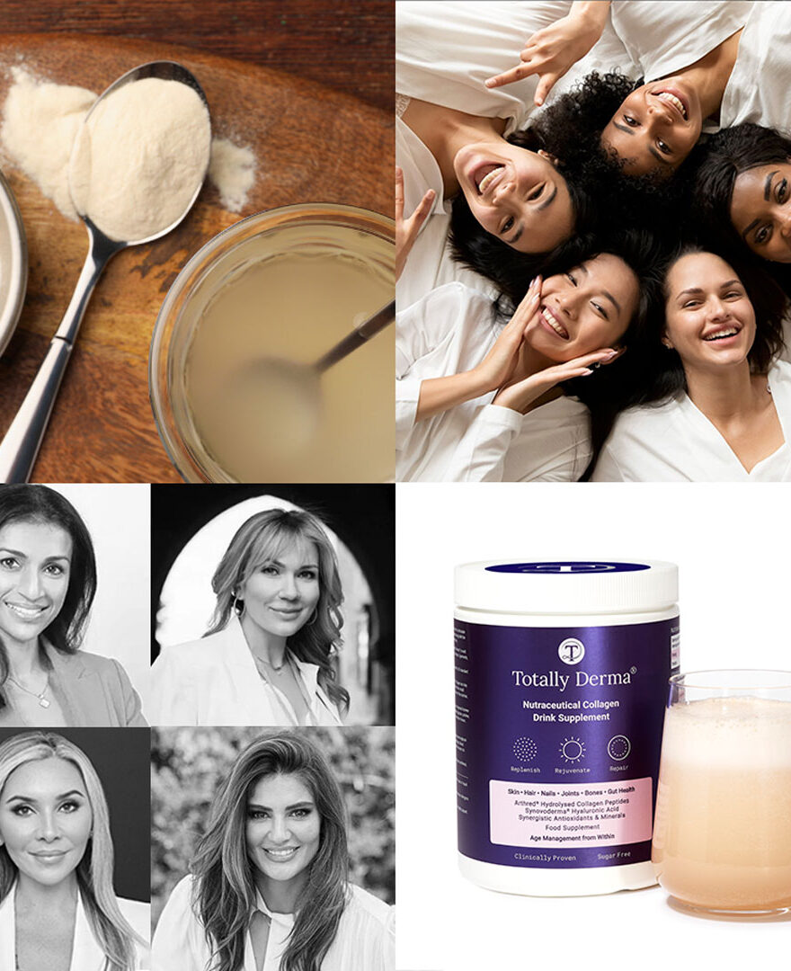 Totally derma supplement grid with powder, expert headshots and women looking glowing