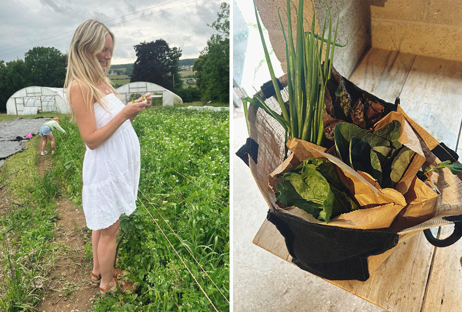 Lisa and daughter picking veg (left) and her bag of vegetables shes chosen (right)