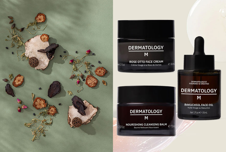 3 Dermatology M products andnexy to them a natural ingredients still life