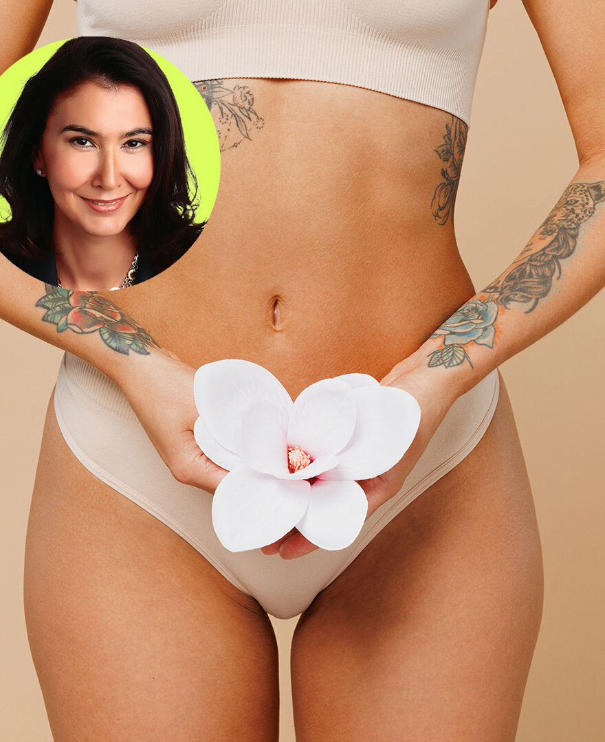 DR TANIA headshot over inage of woman holding a flower in pelvic region