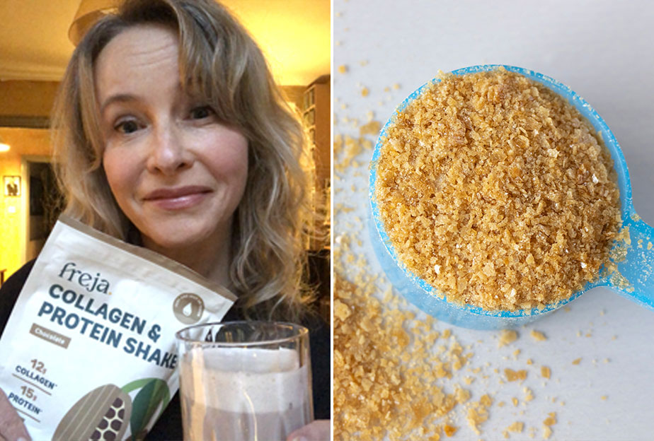 Inge holding bone broth powder (left) and a spoonful of powder (right)