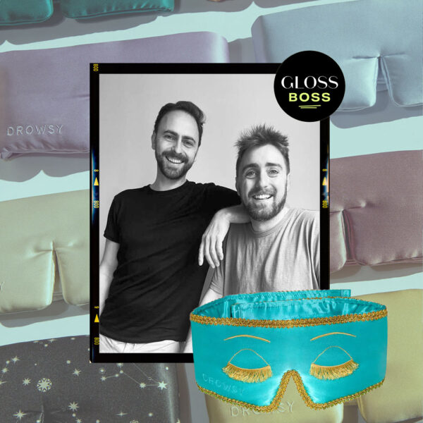 Drowsy founders in the middle of collage image surrounded by Drowsy eye masks and products