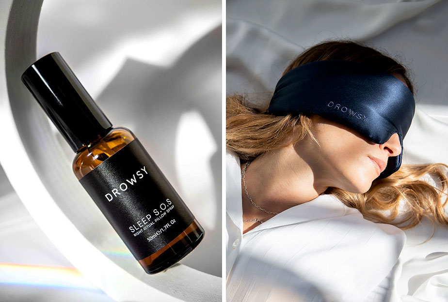 Drowsy-sleep-spray-left -and-woman wearing- the-bestselling-midnight-blue-silk-sleep-mask