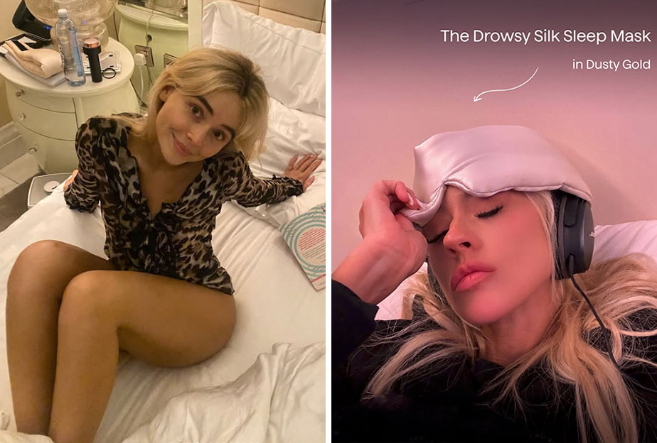 Sabrina Carpenter and Christina Aguilera with their Drowsy sleep mask