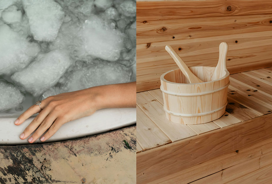 ice bath (left) and sauna room and bucket (right)