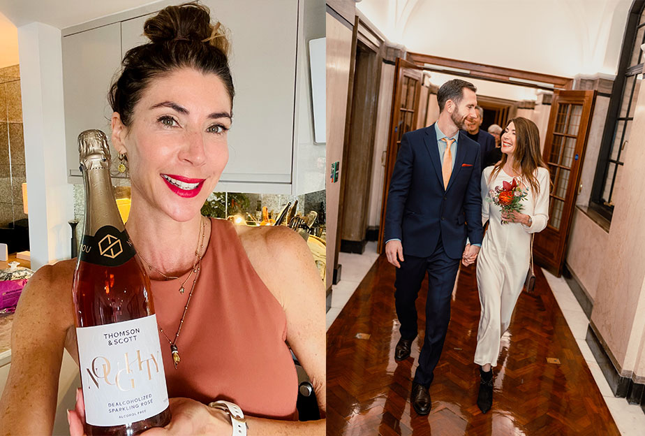 Charlotte Dorman with alcohol free bottle (left) and with her husband on their wedding day (right)