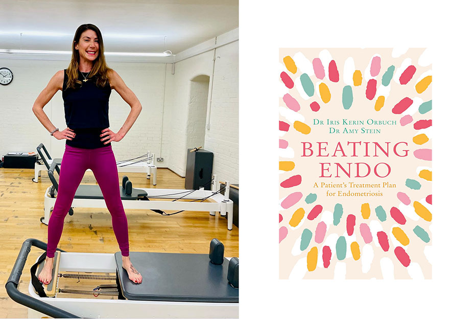 Charlotte Dorman doign pilates (left) and Beating Endo book (right)